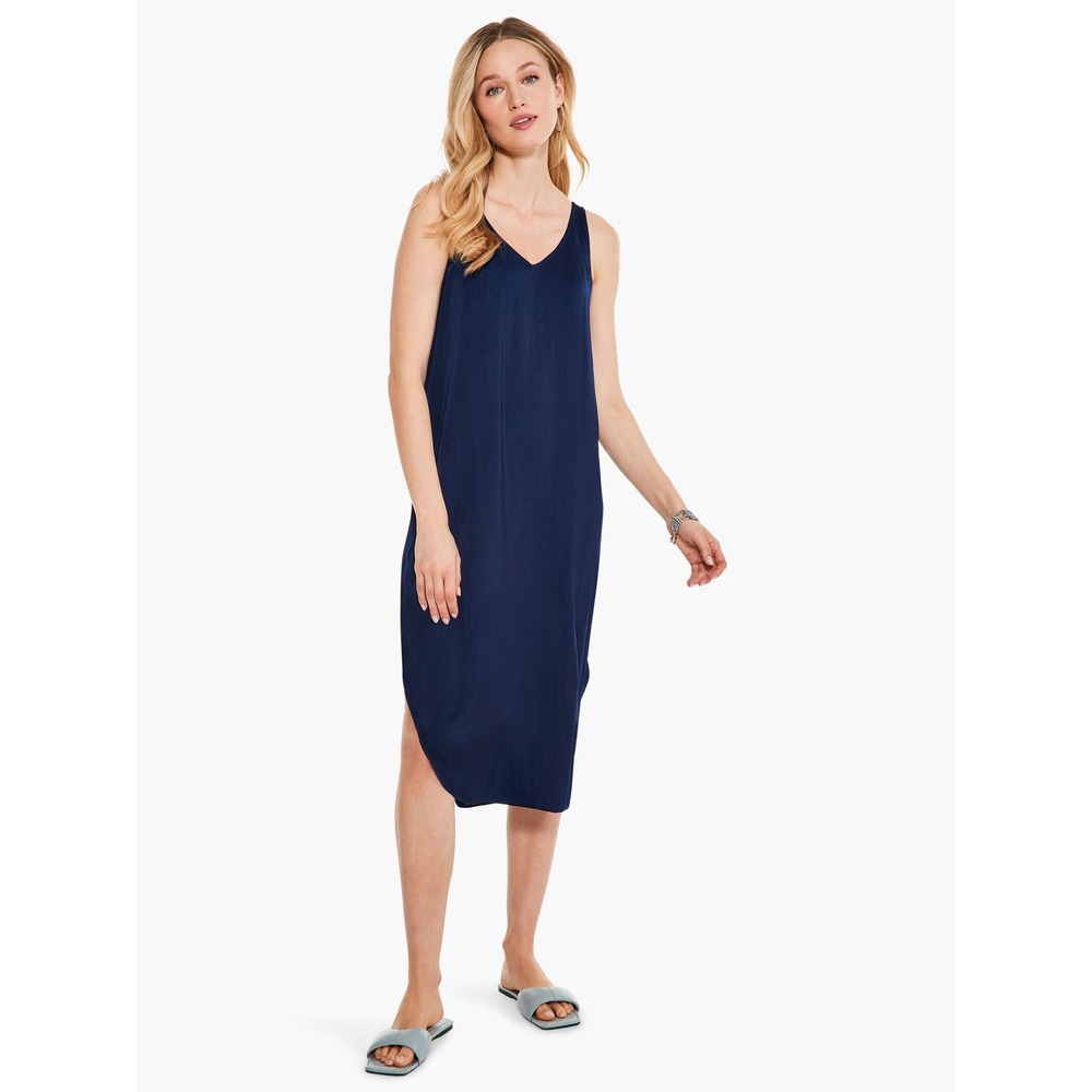 NIC+ZOE Dress Medium‎ Navy Blue V Neck Sleeveless Midi Soft Drape Pockets
